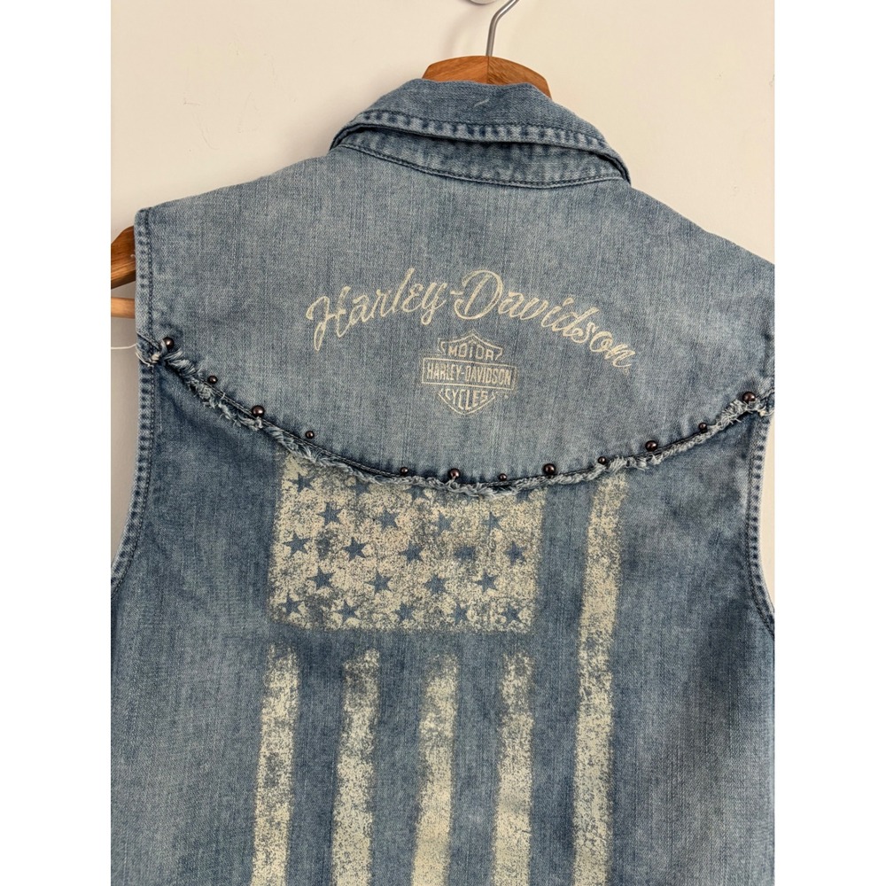 Harley Davidson Womens Denim Vest Light Wash American Flag Studded Frayed small - Picture 4 of 11
